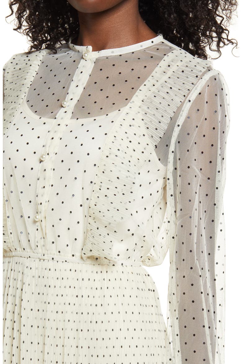 Polka Dot Long Sleeve Ruffle Mesh Midi Dress, Alternate, color, IVORY