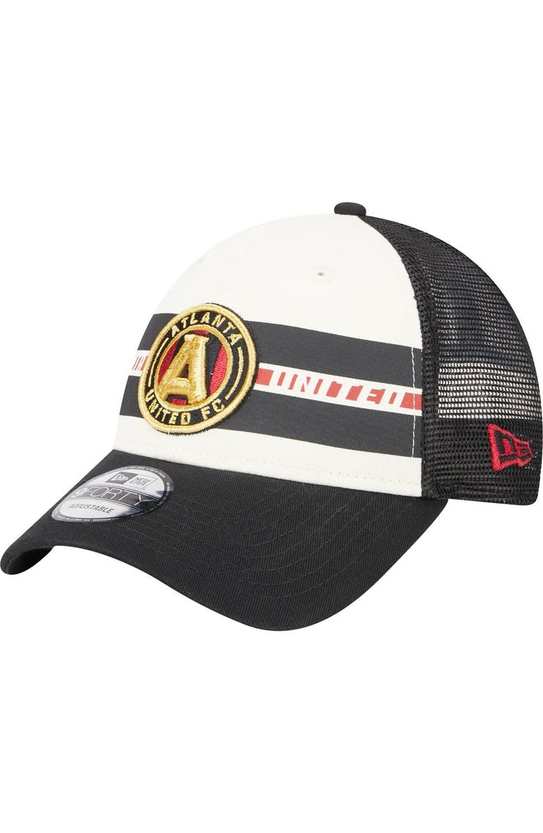 New Era Men's New Era White/Black Atlanta United FC Team Stripes 9FORTY Trucker Snapback Hat, Main, color, White