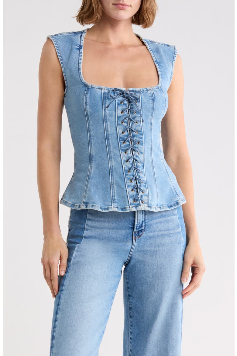 Dolly Lace Up Denim Peplum Top, Main, color, INDIGO1090