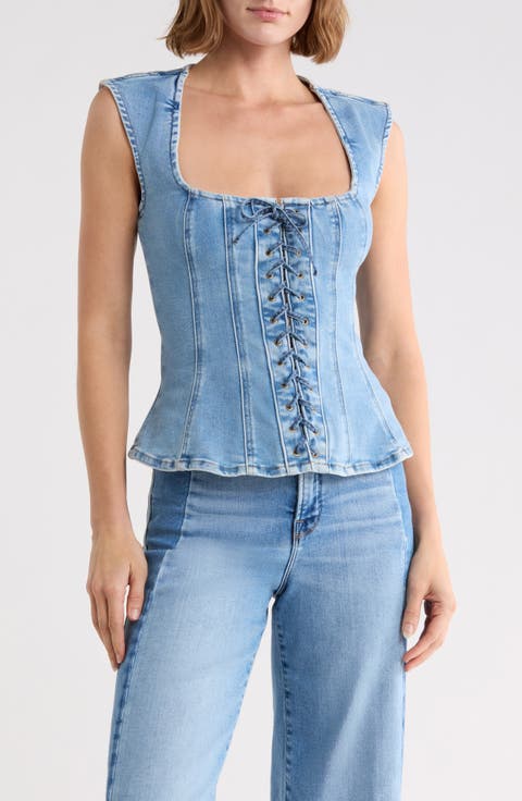 Dolly Lace Up Denim Peplum Top