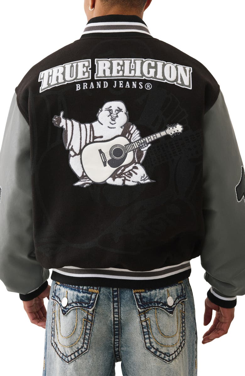 True Religion Overt Buddha Varsity Jacket, Alternate, color, Jet Black / Granite Grey
