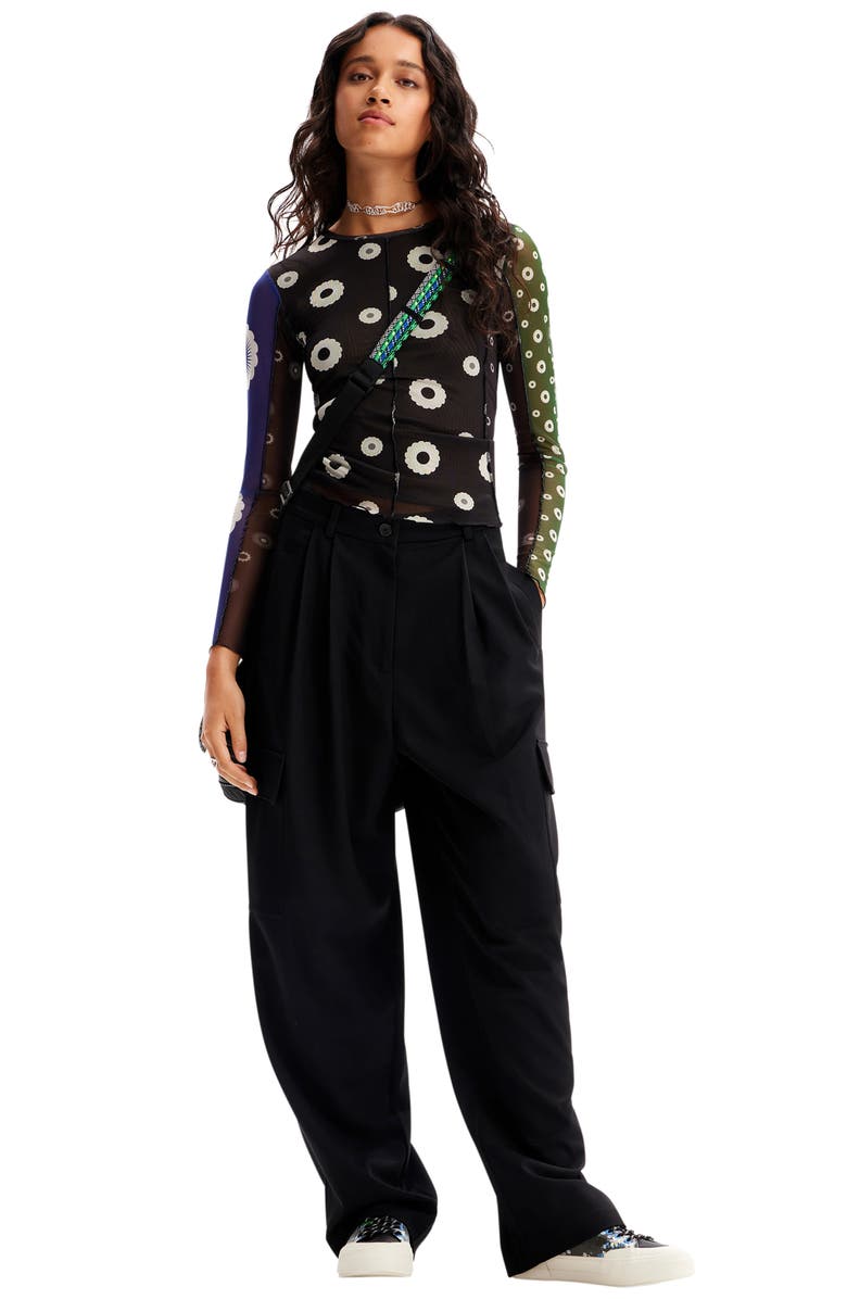 Desigual Mixed Print Colorblock Mesh Top, Alternate, color, 