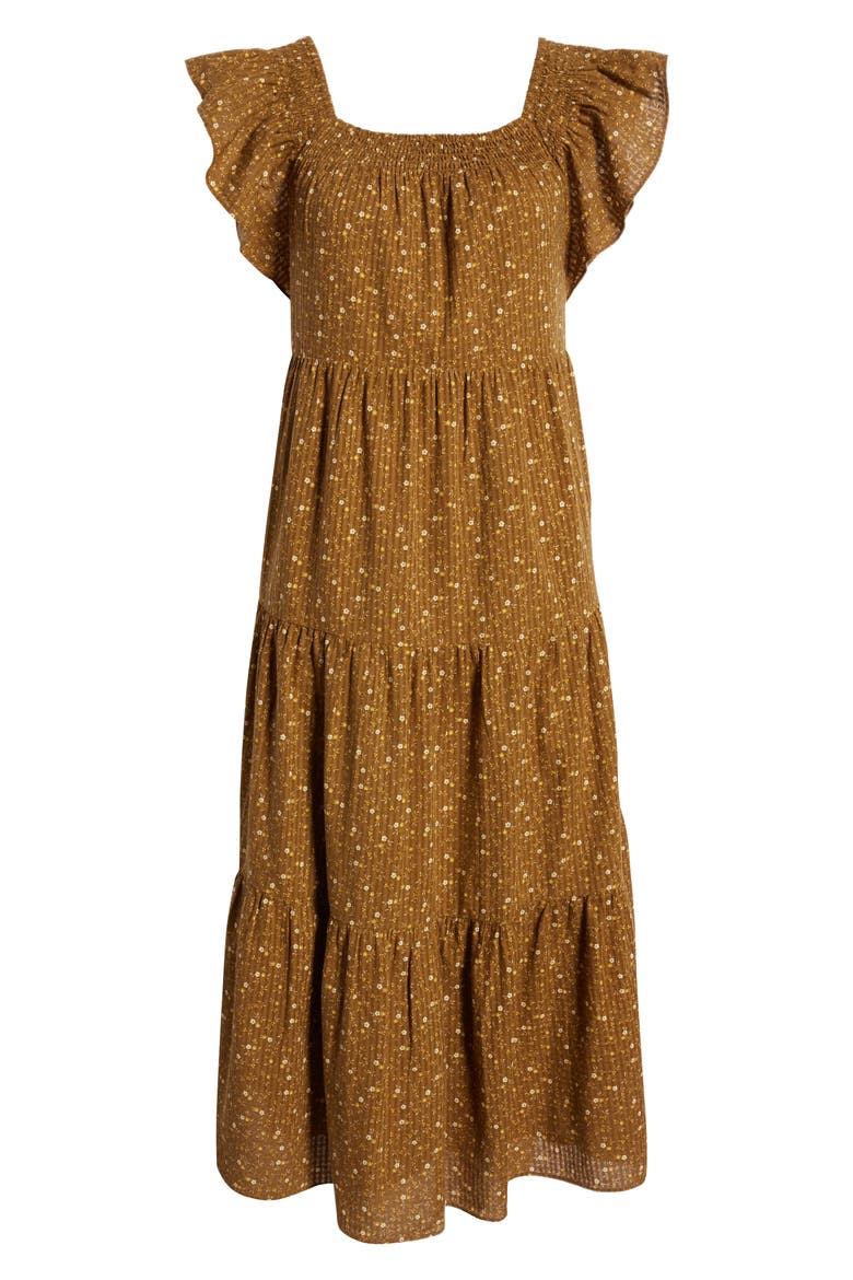 Daisy Stitch Ruffle Sleeve Tiered Midi Dress, Alternate, color, WEATHERED OLIVE