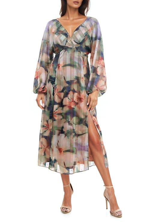 Metallic Mixed Print Long Sleeve Midi Dress