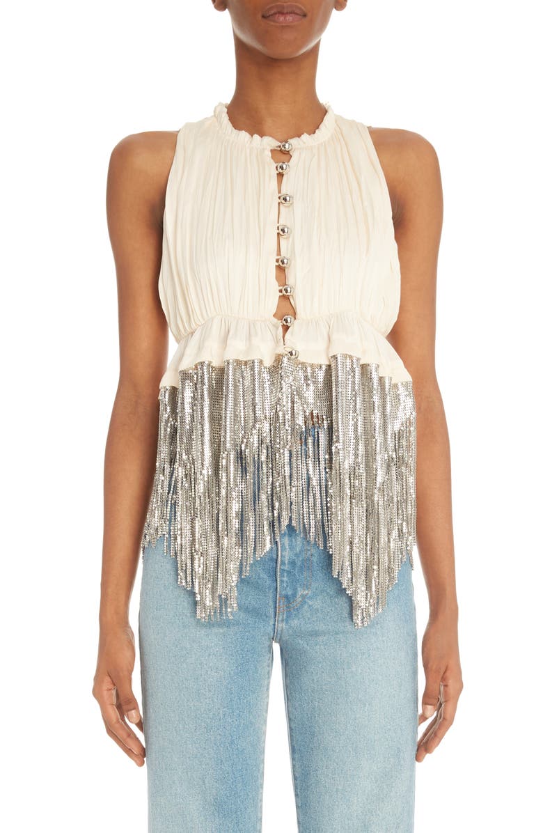 Rabanne Asymmetric Metallic Fringe Shirred Sleeveless Top, Main, color, 