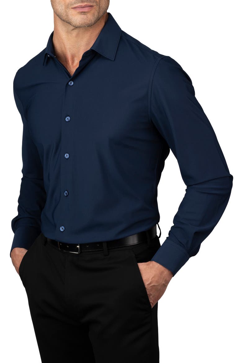 Solid Trim Fit Long Sleeve Dress Shirt, Main, color, TONY BLUE