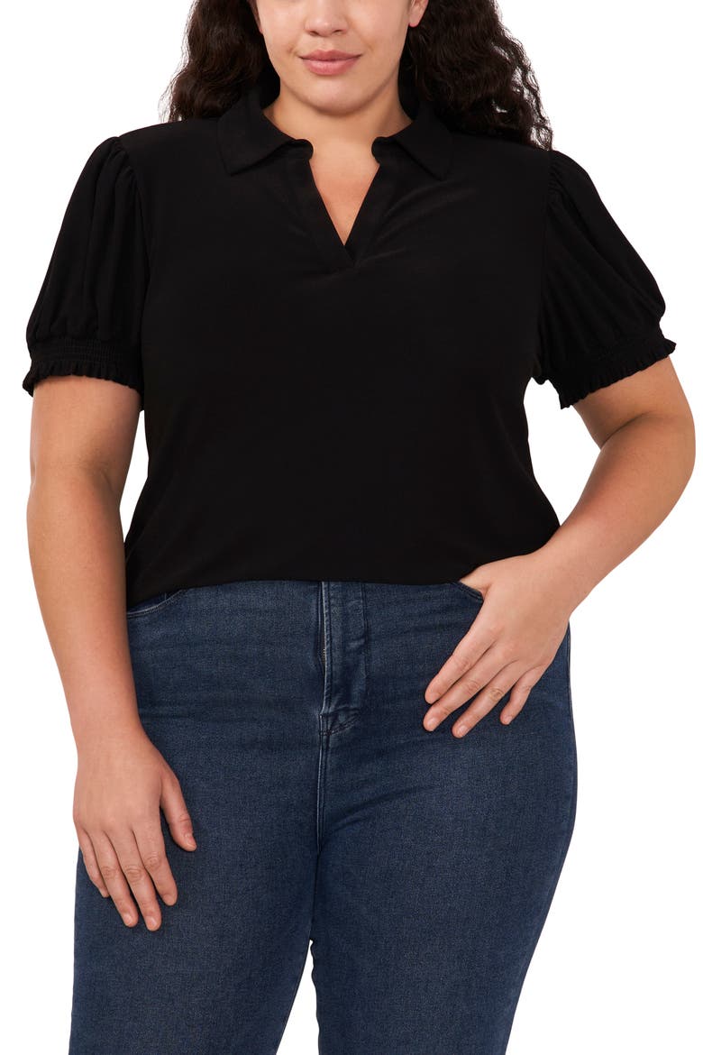Puff Sleeve Spread Collar Crepe Knit Top, Main, color, RICH BLACK
