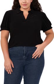 CeCe Puff Sleeve Spread Collar Crepe Knit Top