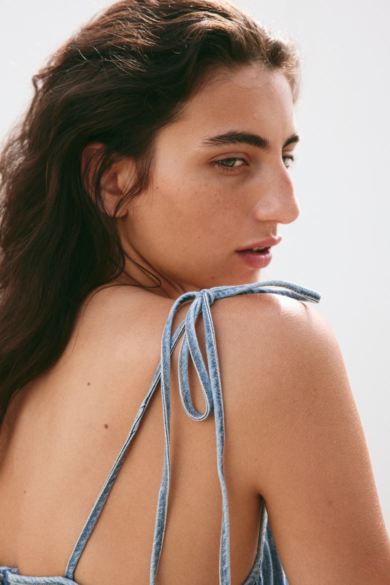 Denim Top With Tie Shoulder Straps, Alternate, color, Light denim blue