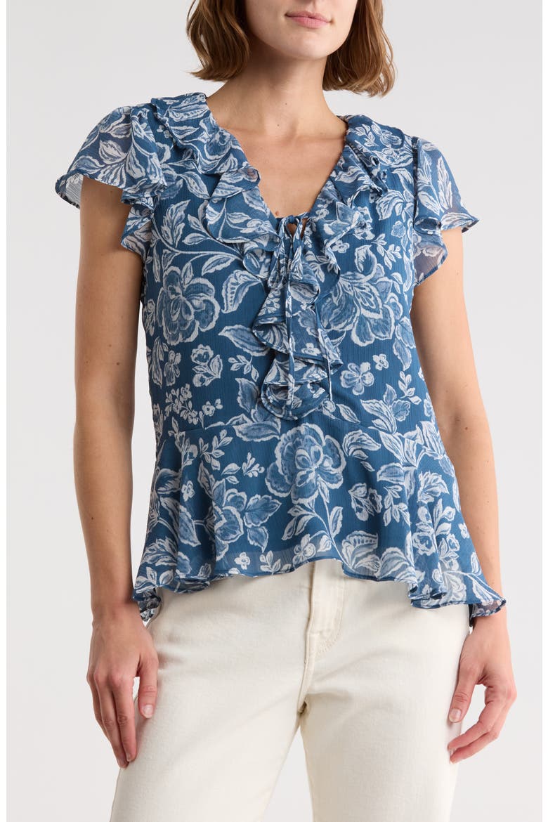 Floral Flutter Sleeve Ruffle Peplum Top, Main, color, DENIM/ MULTI