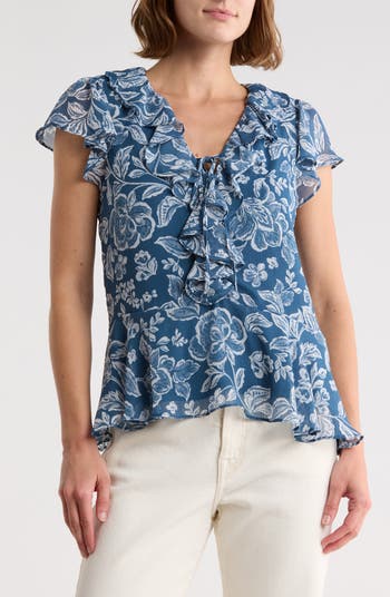 CeCe Floral Flutter Sleeve Ruffle Peplum Top | Nordstromrack