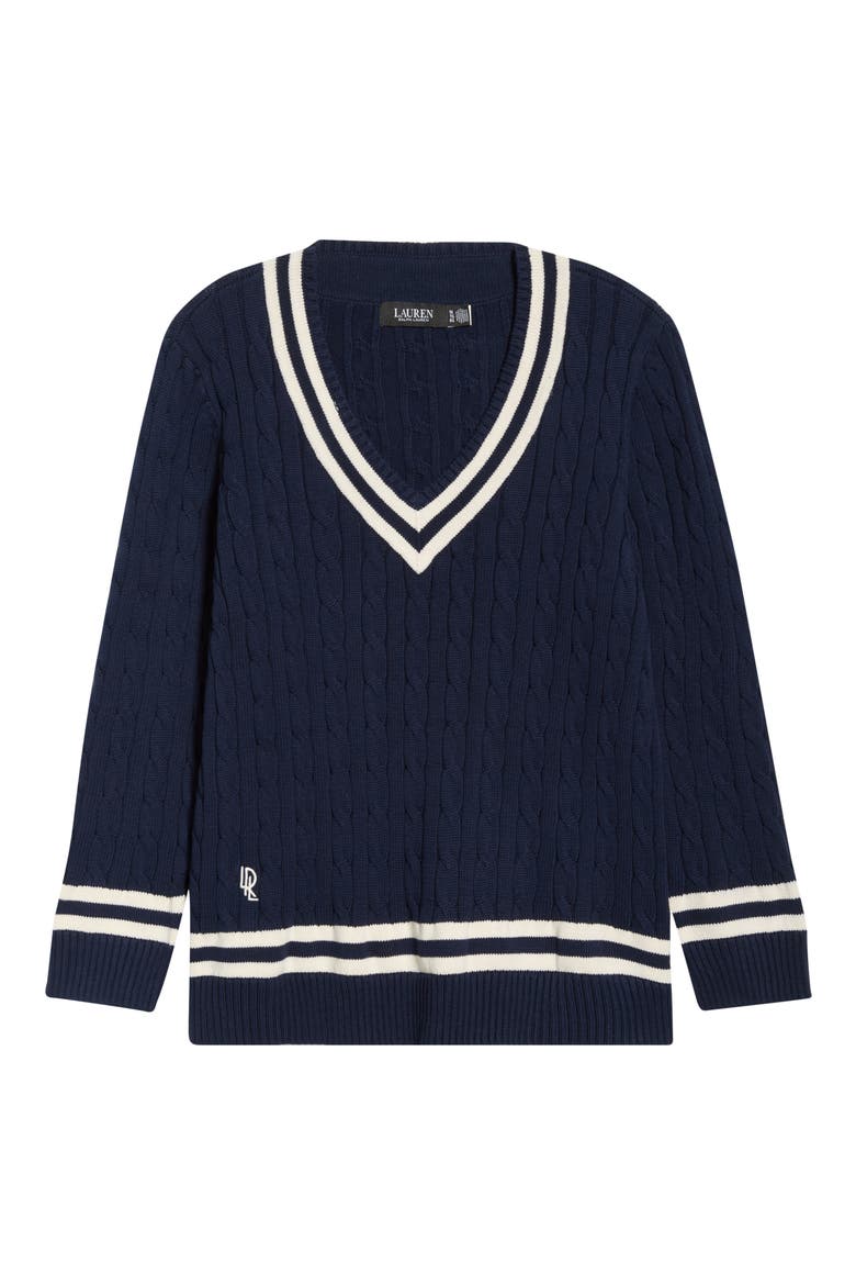 Cable Stitch Crewneck Cotton Sweater, Alternate, color, REFINED NAVY BLUE/ CREAM