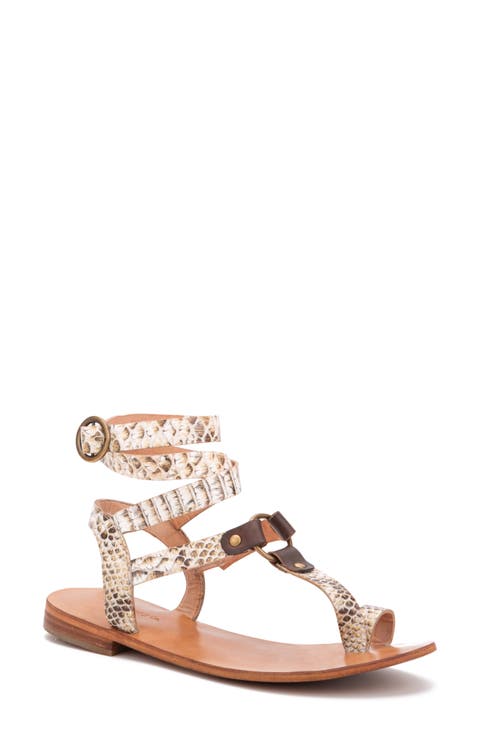 Vina Snake Embossed Leather Ankle Strap Flat Sandal (Women)