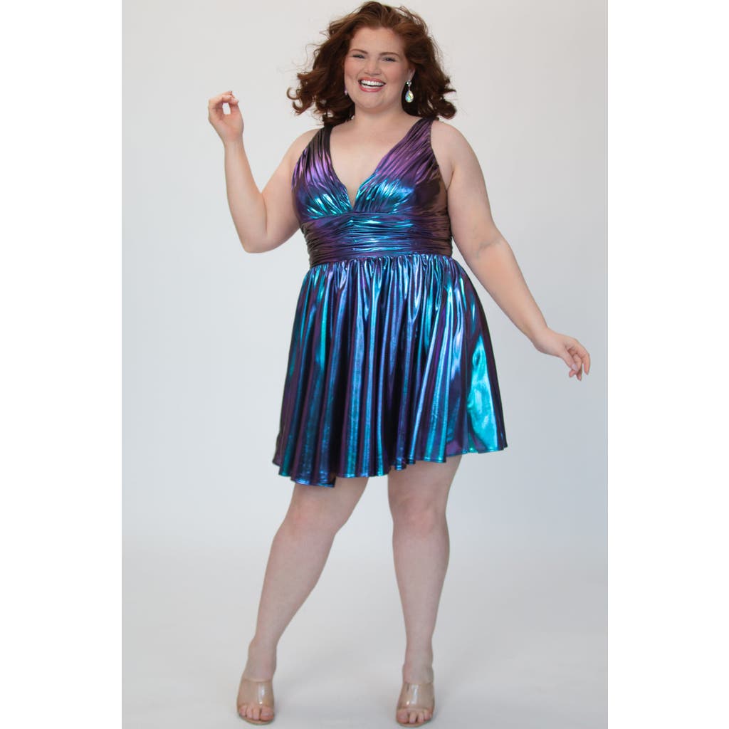 Sydney's Closet Bra-friendly Iridescent A-line Party Dress In Blue