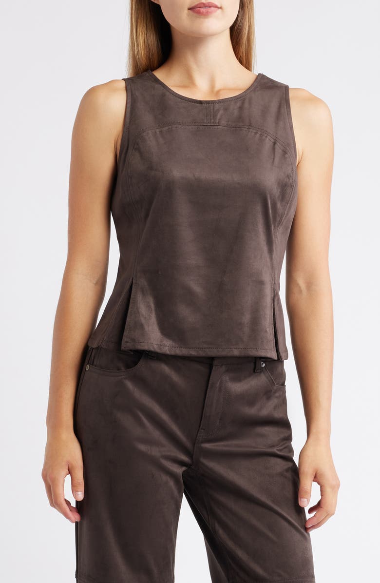 CITY BLUES Pleated Hourglass Sleeveless Faux Suede Top, Main, color, Coffee