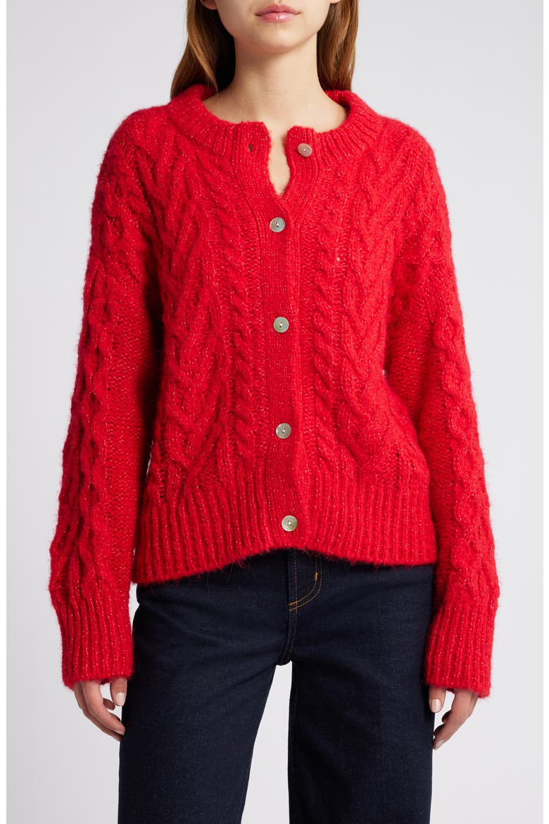 Amelie Cable Wool & Alpaca Blend Cardigan, Main, color, SCARLET