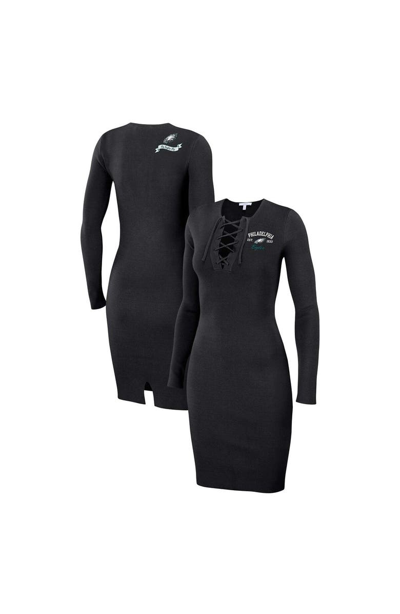 WEAR by Erin Andrews Women's WEAR by Erin Andrews Black Philadelphia Eagles Lace Up Long Sleeve Dress, Main, color, 