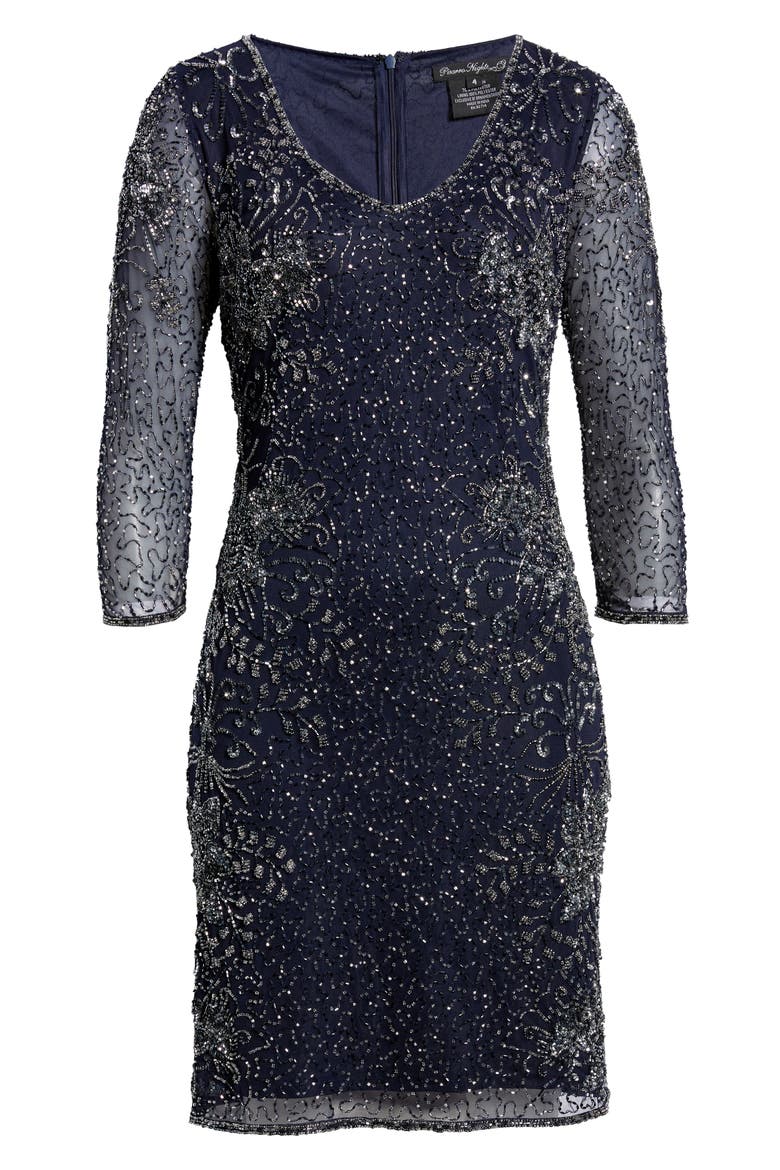 Beaded V-Neck Cocktail Dress, Alternate, color, NAVY