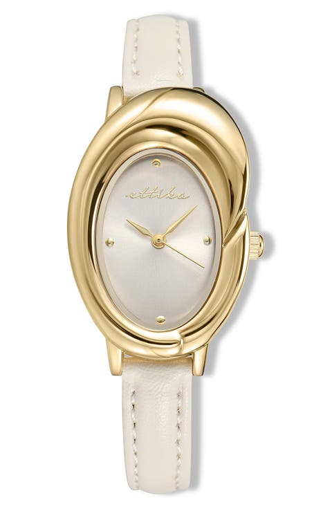 Sculpted Oval Leather Strap Watch