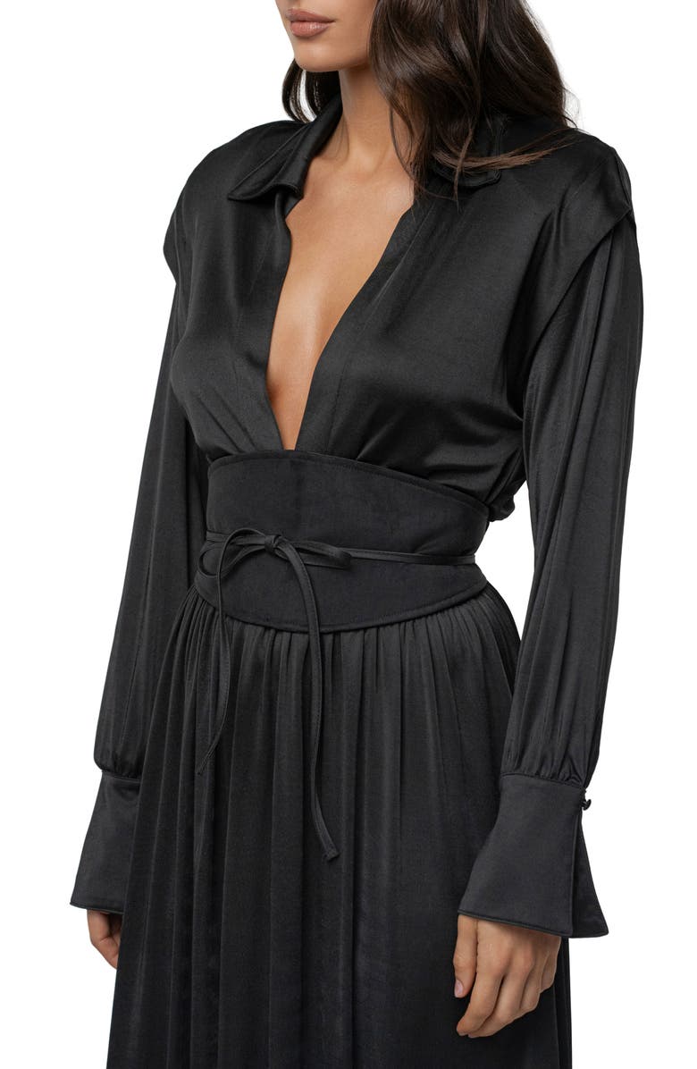 JLUXLABEL Collar Long Sleeve Satin Gown, Alternate, color, Black