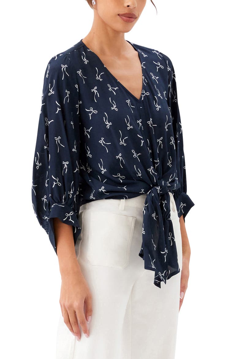Bow Print Tie Front Crepe Top, Alternate, color, PRINT