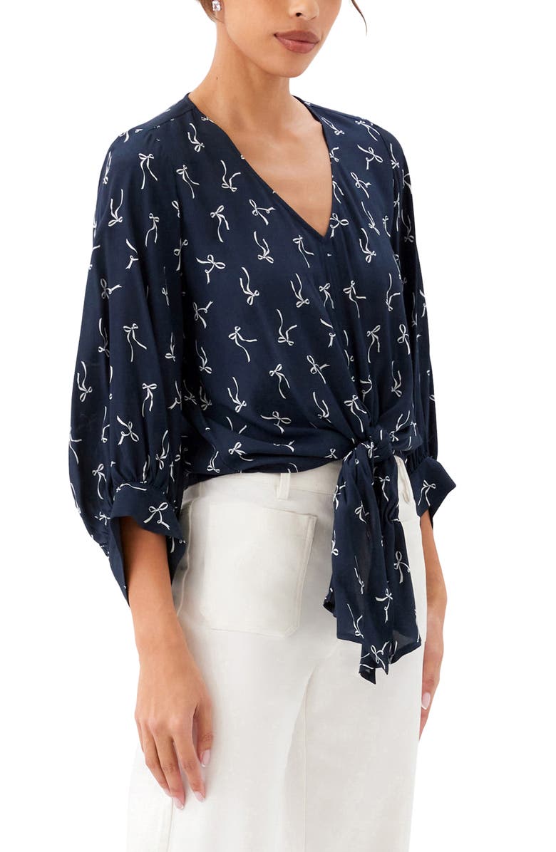Karen Kane Bow Print Tie Front Crepe Top, Alternate, color, Print