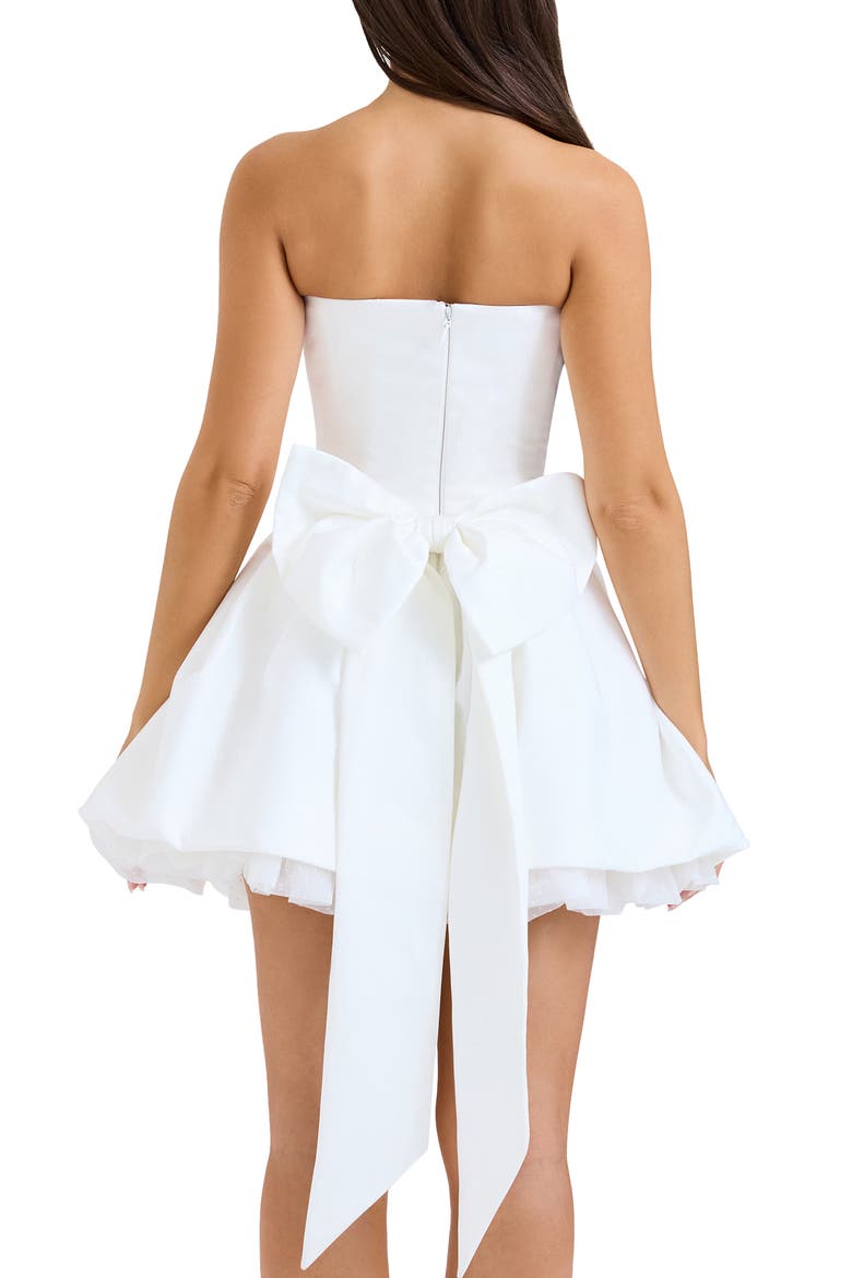 Noele Bow Strapless Satin Minidress, Alternate, color, WHITE