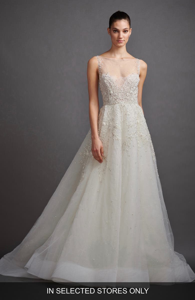 Lazaro Gabriela Beaded Lace & Tulle Wedding Dress, Main, color, 