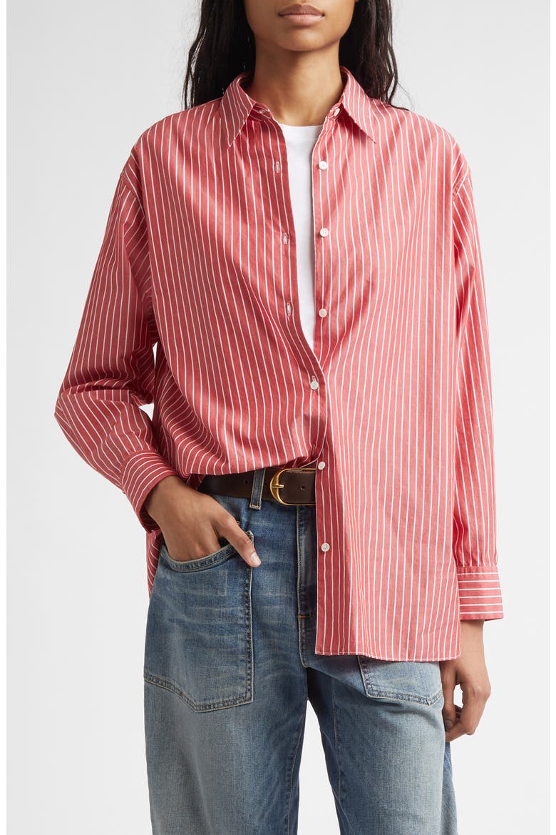 Yorke Stripe High-Low Cotton Poplin Button-Up Shirt, Main, color, RED AND WHITE STRIPE