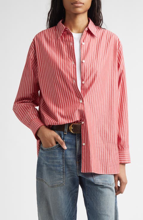 Yorke Stripe High-Low Cotton Poplin Button-Up Shirt