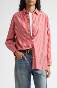 Nili Lotan Yorke Stripe High-Low Cotton Poplin Button-Up Shirt