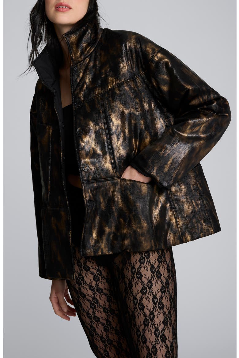 Animal Print Foiled Satin Seamed Puffer Jacket, Alternate, color, BLACK/ MARSH BROWN