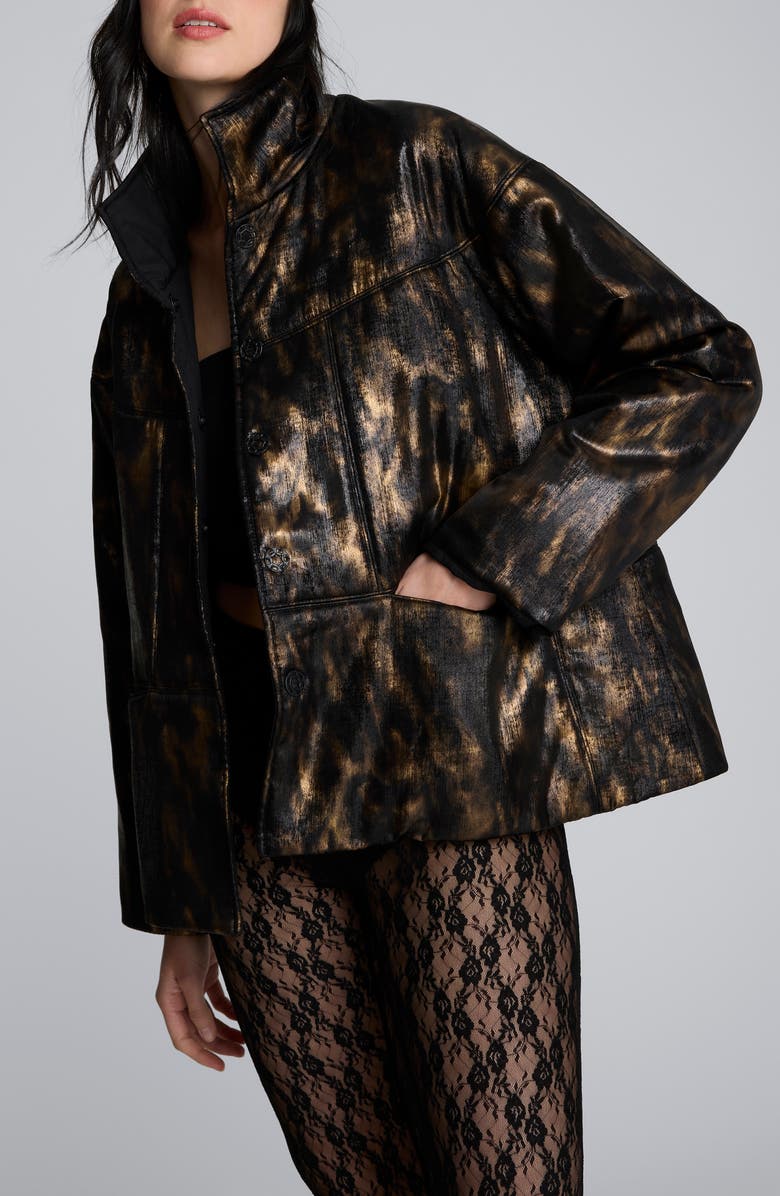 Kenneth Cole Animal Print Foiled Satin Seamed Puffer Jacket, Alternate, color, Black/ Marsh Brown