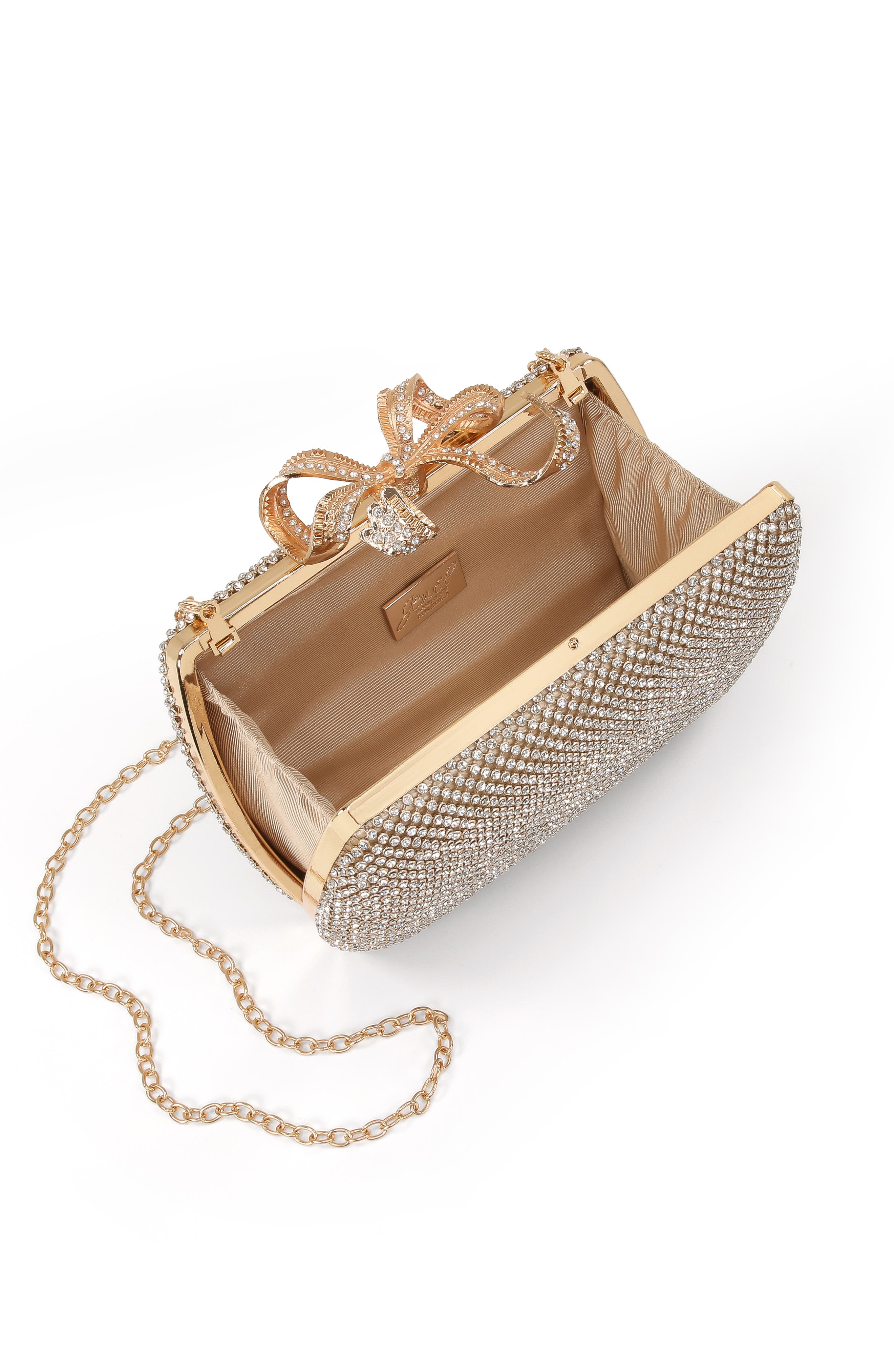Jewel Badgley Mischka Cassia Crystal Minaudiere w. Bow Clasp, Alternate, color, Gold