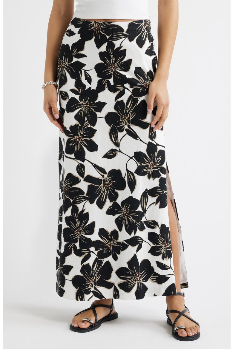 Linen Blend Column Maxi Skirt, Main, color, WHITE- BLACK TROP BLOOM