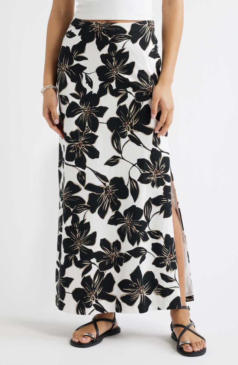 Open Edit Linen Blend Column Maxi Skirt, Main, color, White- Black Trop Bloom