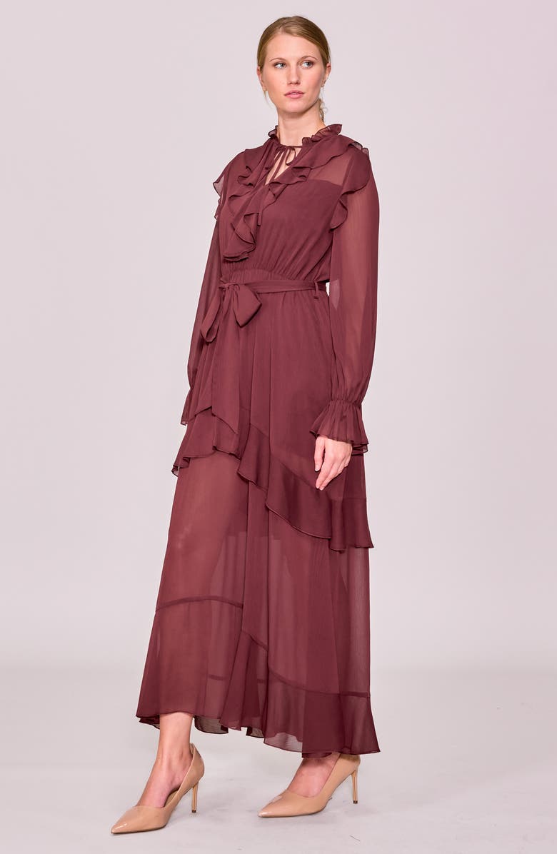 MELLODAY Ruffle Detail Tie Waist Long Sleeve Maxi Dress, Alternate, color, Maroon