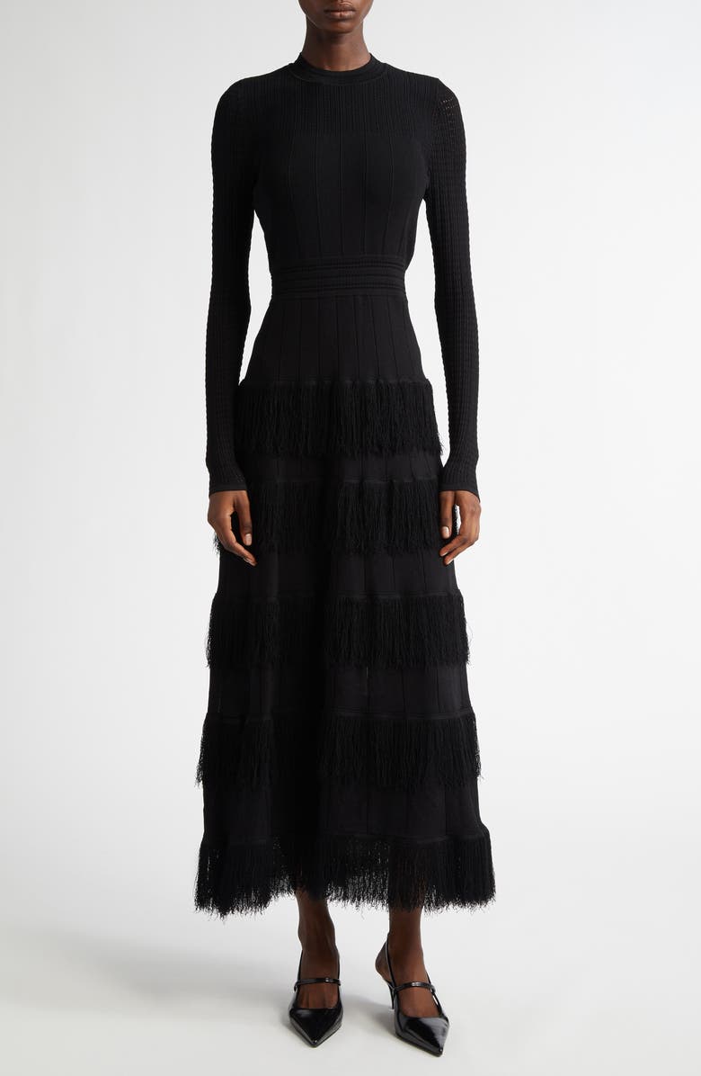 Lela Rose Piper Fringe Trim Long Sleeve Sweater Dress, Main, color,