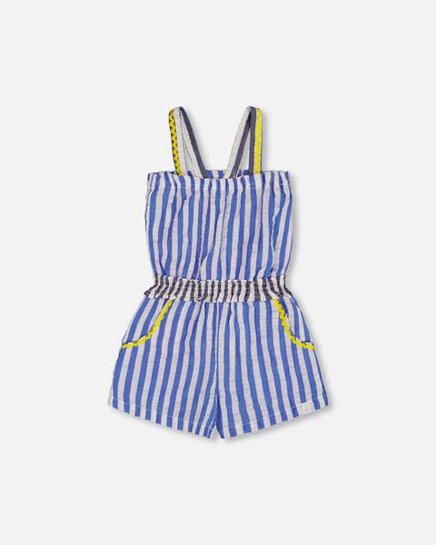 Deux Par Deux Striped Jumpsuit With Frill - Blue & White