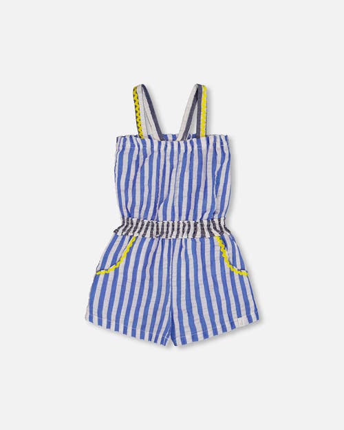 Deux Par Deux Little Girl's Sleeveless Seersucker Romper Blue And White Striped In Blue And White Striped