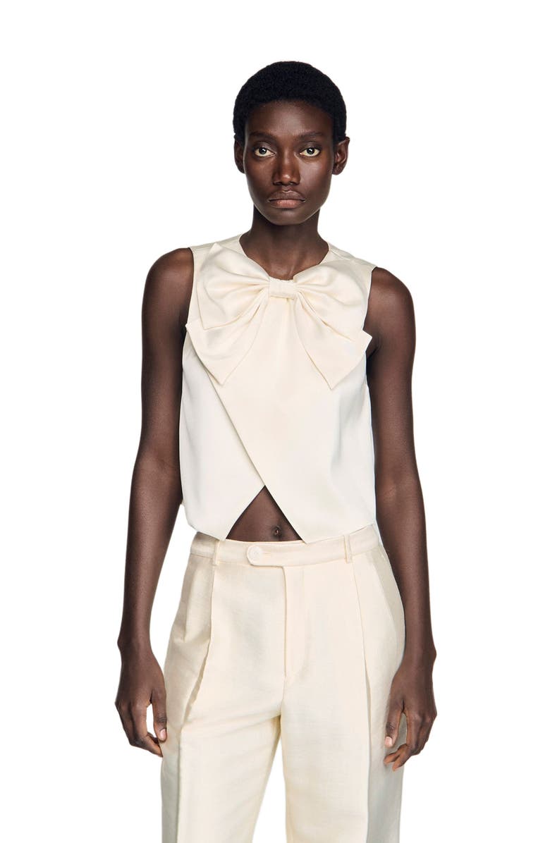 SANDRO Satin bow crop top, Main, color, Ecru