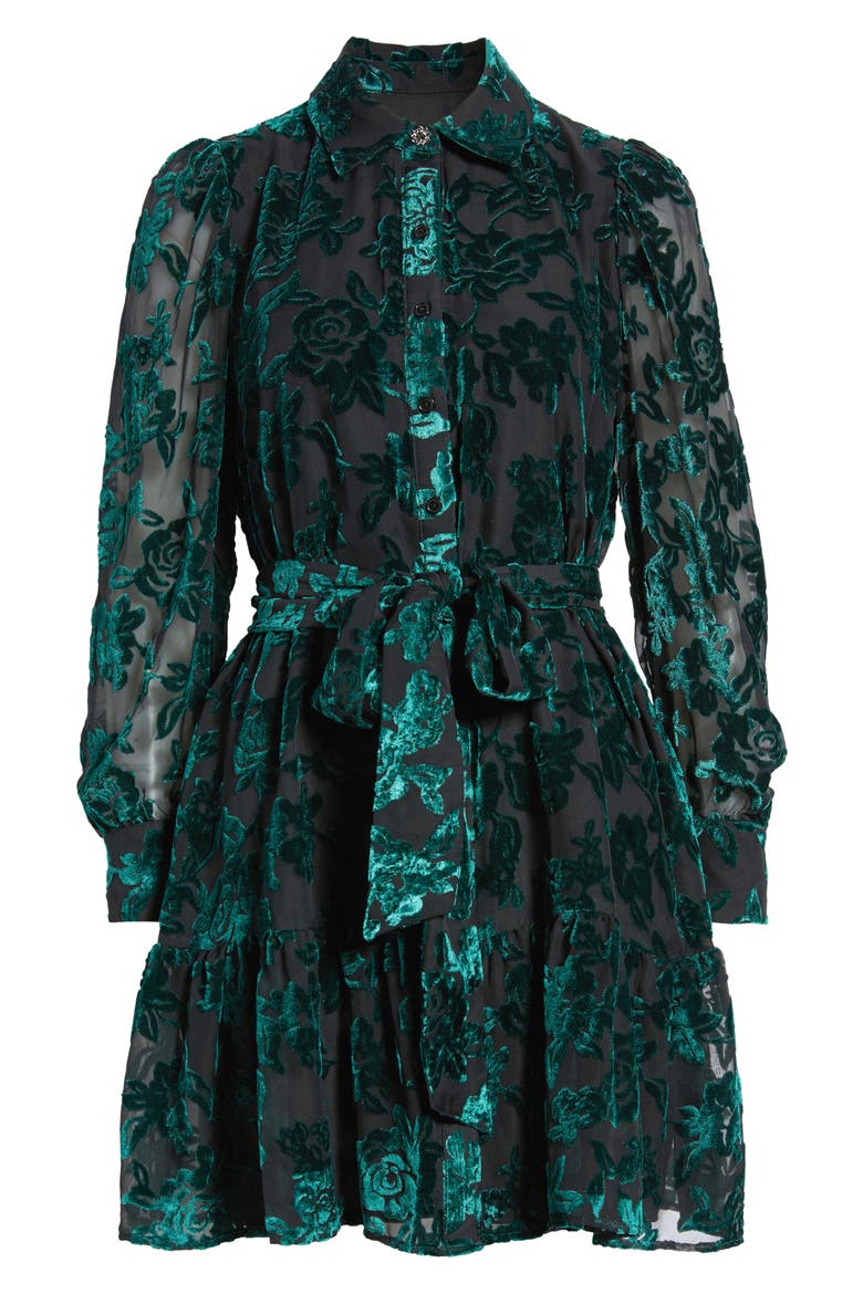 Tiered Tie Waist Long Sleeve Burnout Shirtdress, Alternate, color, DEEP JADE / ANNE BLACK