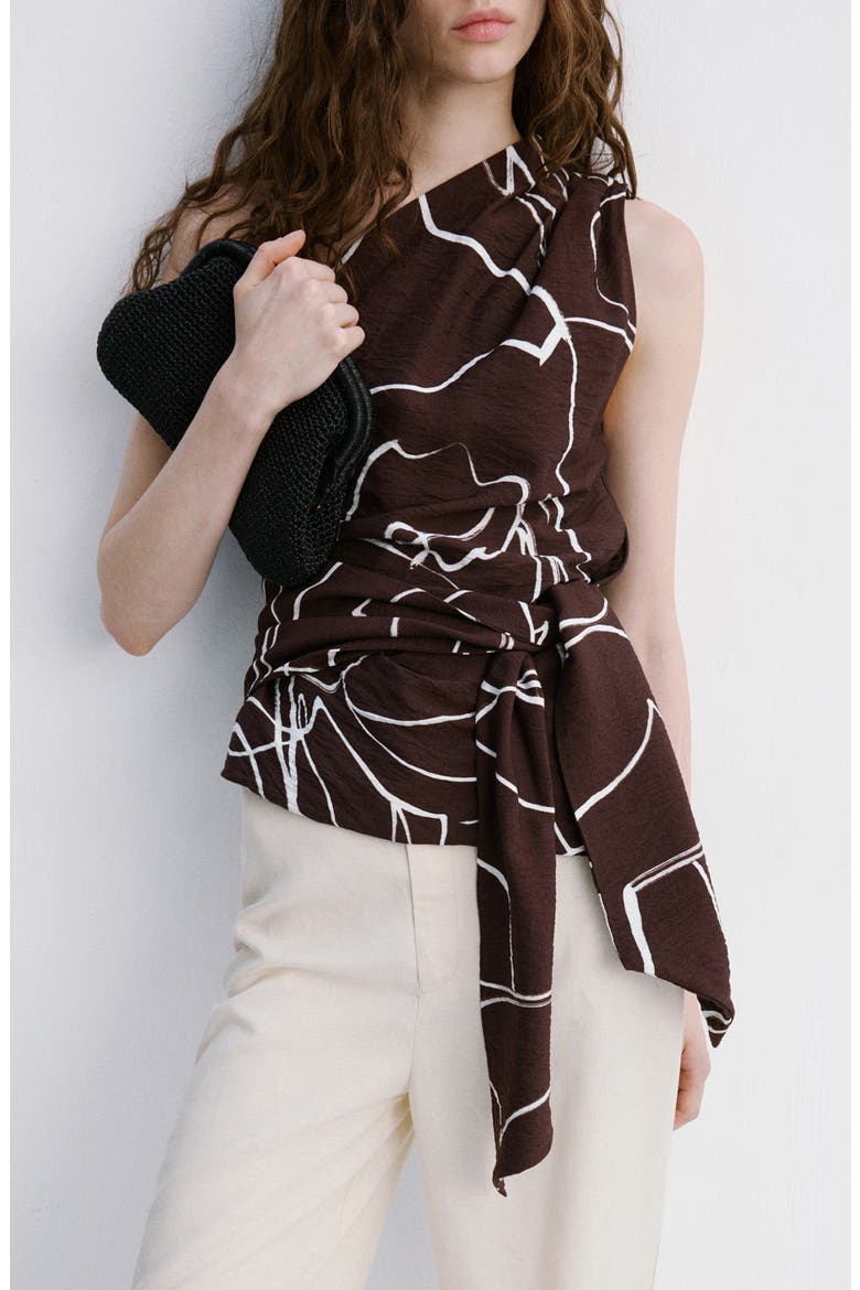 Print One-Shoulder Tie Waist Top, Main, color, BROWN