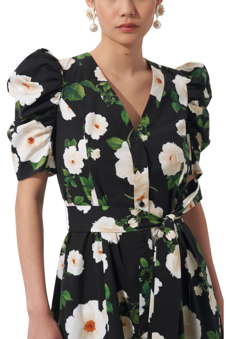 Floral Puff Sleeve Stretch Midi Dress, Alternate, color, BLACK MULTI