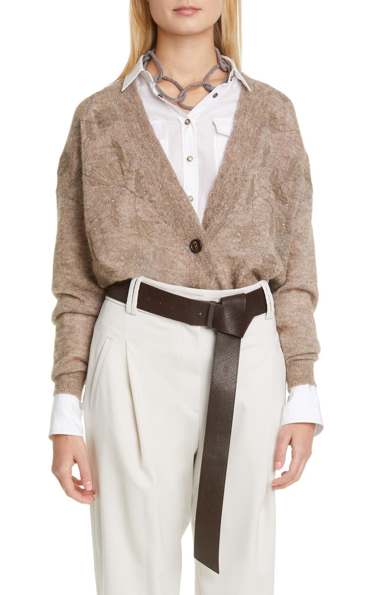 Brunello Cucinelli Floral Embellished Mohair & Alpaca Blend Cardigan, Main, color,