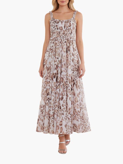 Leopard Chiffon Smocked Cami Ankle Gown