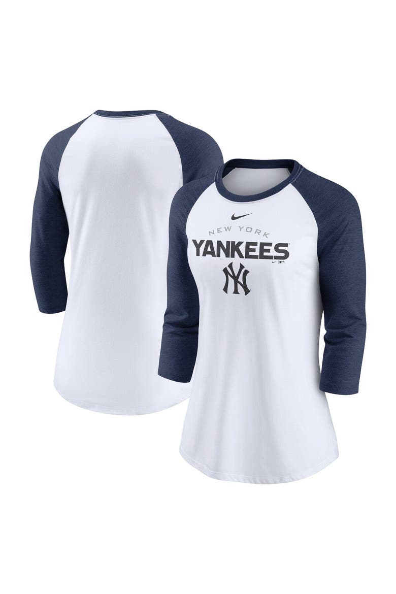 Women's Nike White/Navy New York Yankees Modern Baseball Arch Tri-Blend Raglan Three-Quarter Sleeve T-Shirt, Alternate, color, White