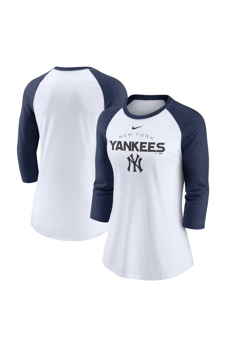Nike Women's Nike White/Navy New York Yankees Modern Baseball Arch Tri-Blend Raglan Three-Quarter Sleeve T-Shirt, Alternate, color, 