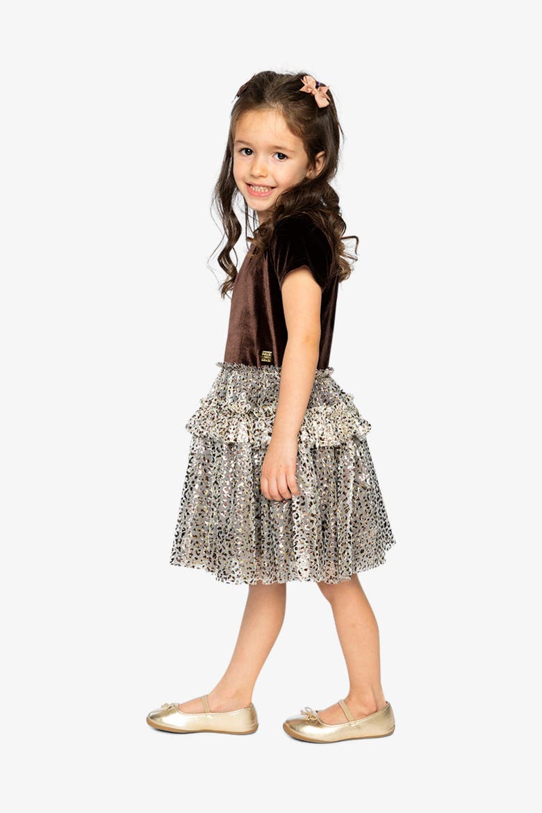 Bi-material Short Sleeve Metallic Mesh Dress (toddler, Little Kid & Big Kid), Alternate, color, Dark Brown