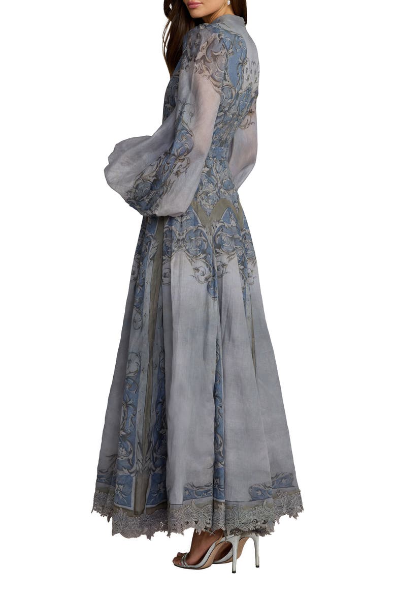 Petite Baroque Print Bishop Sleeve A-Line Ankle Dress, Alternate, color, Slate Blue